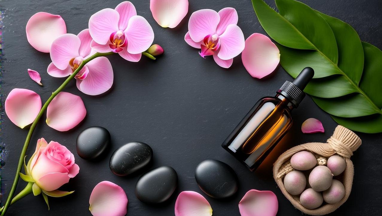 A Curated Romantic Couples' Spa Day A romantic-themed flat lay featuring rose petals, orchids, and spa items on a dark slate background, representing a couples' wellness journey.