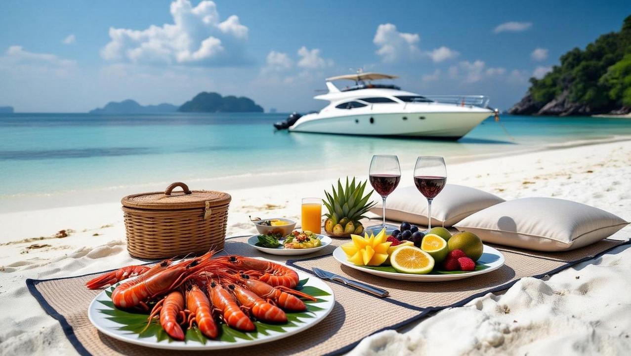 A Moveable Feast: A Private Similan Islands Picnic A gourmet beachside picnic set up on a secluded beach in the Similan Islands, with a private speedboat anchored in the turquoise sea behind.