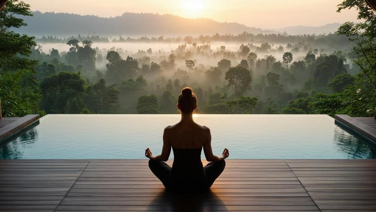 A Transformative Journey of Mindful Wellness A figure in a meditation pose on a luxury villa's pool deck overlooking a misty jungle at dawn, symbolizing a transformative wellness journey.