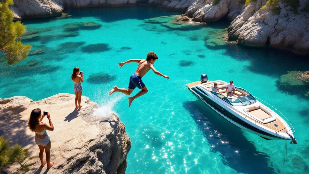 A teenager cliff jumping into clear turquoise water from a rock formation, an example of an exciting activity available on a private boat charter in Phuket.