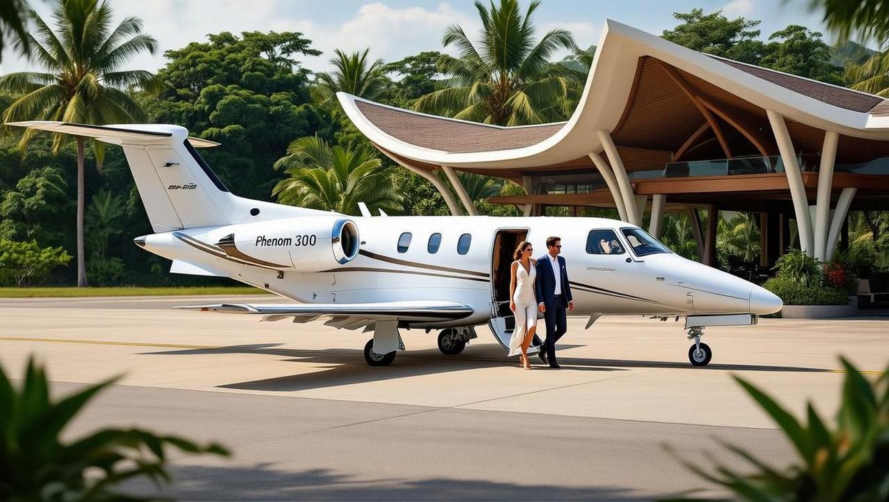 Agile and Efficient Light Jet Arrival A couple disembarking a light jet at a boutique Thai airport, illustrating an efficient and stylish regional flight.