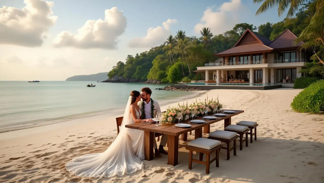 Airport Access Phuket vs Koh Samui A beautiful couple in wedding attire shares an intimate moment at a decorated table on a serene beach, with a luxurious villa and scenic coastline in the distance, evoking romantic travel dreams often compared with airport-access-phuket-vs-koh-samui.