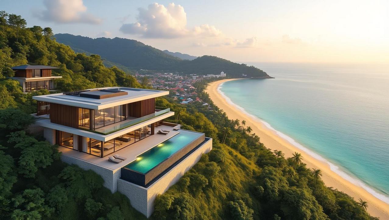Luxurious modern villas nestled on a lush, green hillside, offering stunning ocean views of a pristine beach and promising a lifestyle where the allure of proximity to culture and gastronomy is balanced with serene beauty.