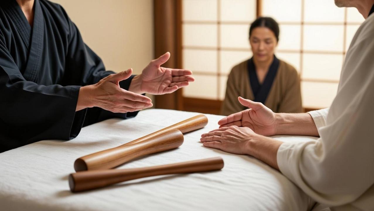 An Authentic Healing Consultation An authentic Tok Sen practitioner in a calm setting, explaining the healing process to a client before the session begins.