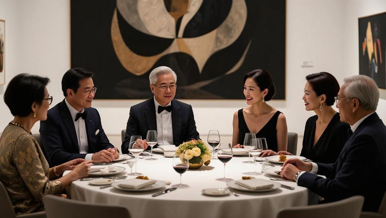 An Exclusive Artist Dinner in Bangkok A group of elegantly dressed individuals enjoy an exclusive artist dinner in Bangkok, seated around a beautifully set table with abstract art adorning the walls.