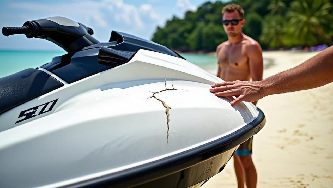 Anatomy of the Jet Ski Scam Confrontation A man's hand touches a large crack on the front of a white jet ski on a sandy beach, with another man in sunglasses standing behind it, illustrating the anatomy of the jet ski scam confrontation.