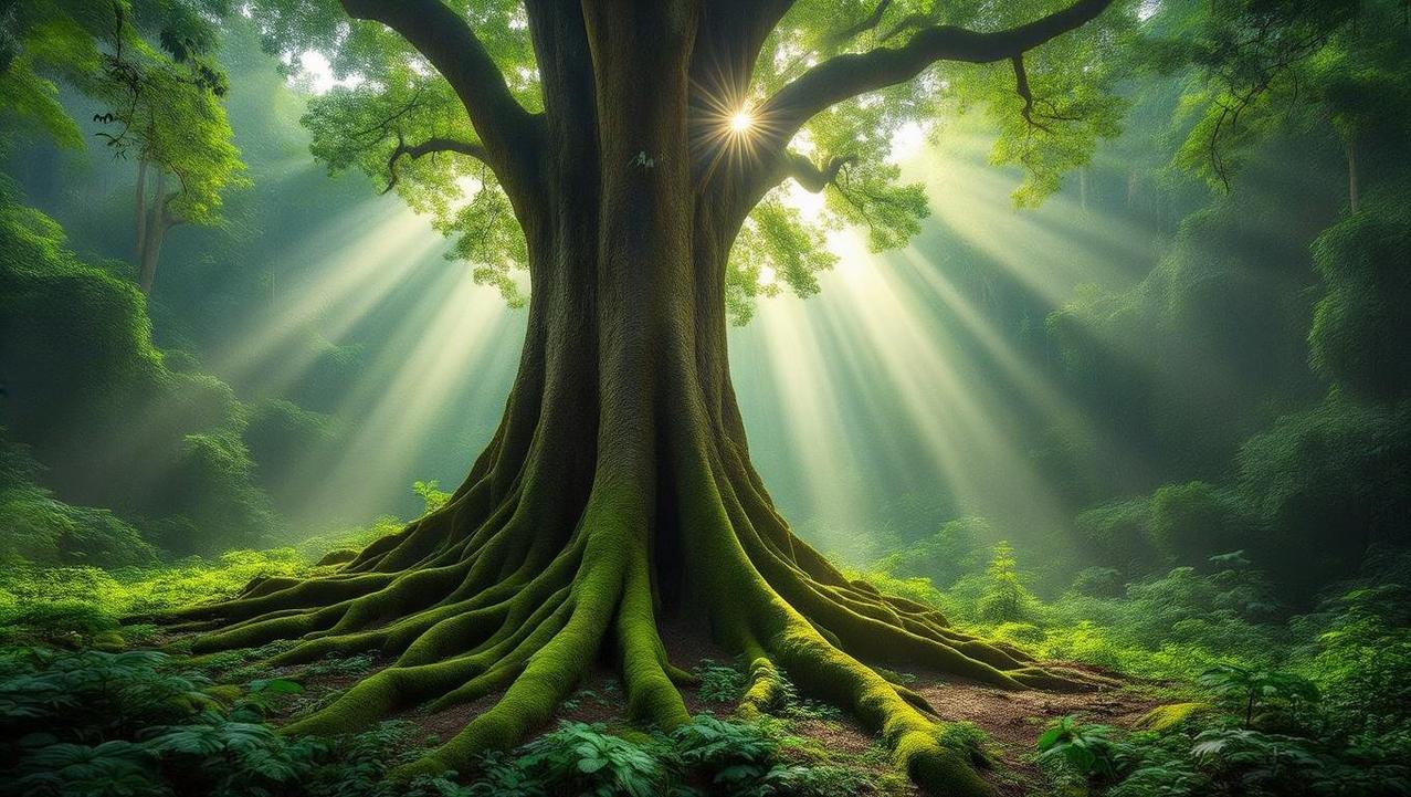 Sunlight streams through the dense canopy of Khao Phra Thaeo rainforest, highlighting moss on the roots of an ancient tree, evoking a sensory immersion in nature.