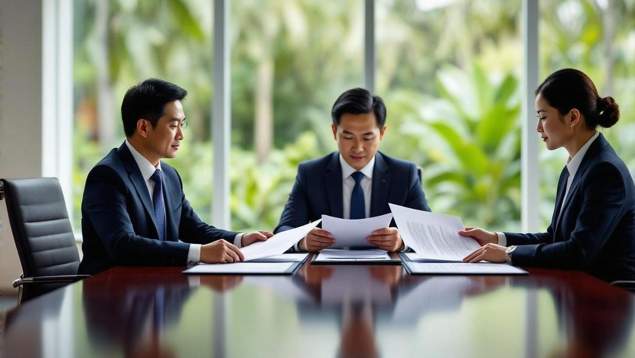 A professional and corporate scene of an Annual General Meeting for a Thai company, showing directors reviewing documents in a modern boardroom.
