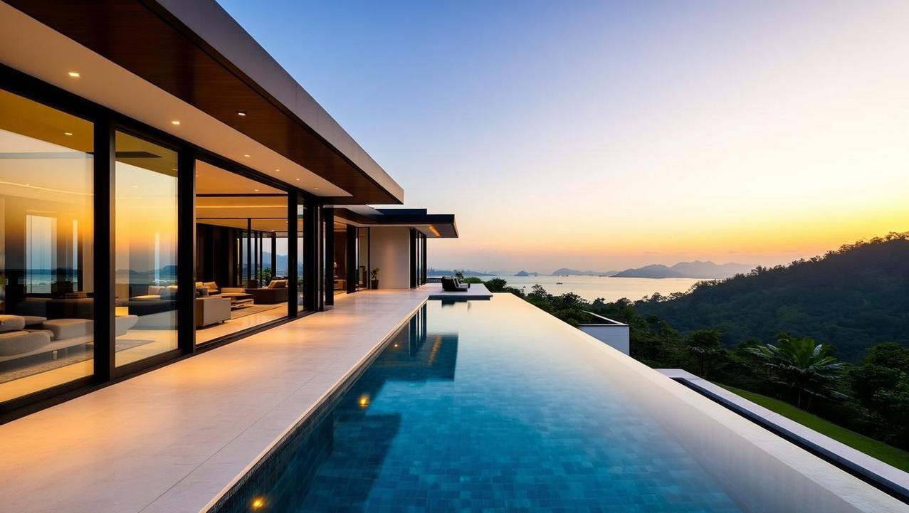 Architectural Marvels with Sea Views in Kamala A modern luxury villa on Kamala's Millionaire's Mile featuring floor-to-ceiling windows and an infinity pool with a spectacular sea vista.