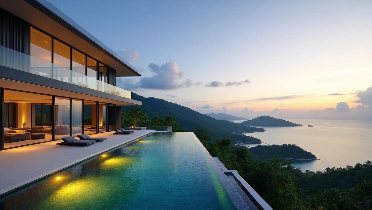 A stunning modern villa perched on a hillside, featuring an illuminated infinity pool that overlooks a serene bay and forested mountains at sunset, epitomizing the luxurious arrival at your private villa sanctuary.