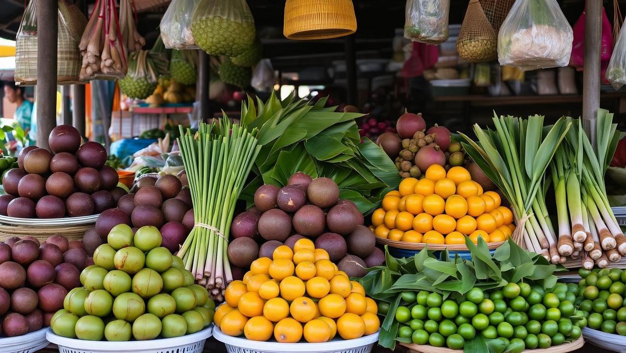 Authentic Flavors at Mae Nam Morning Market A vibrant stall at Mae Nam's morning market in Koh Samui, filled with fresh local produce and ingredients central to authentic Thai cuisine.