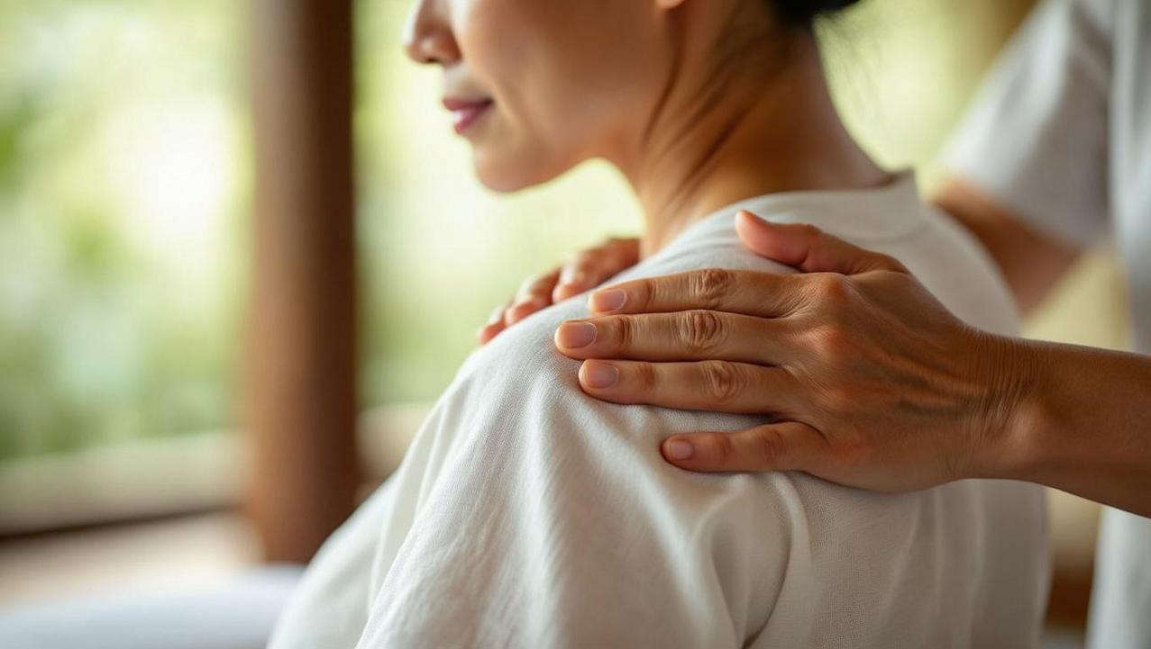 A close-up of a therapist's hands performing an authentic Thai massage in a private, respectful villa environment.
