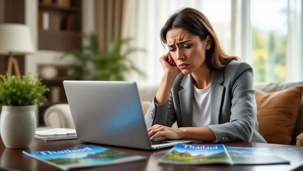 Avoiding the Stress of Booking a Group Villa A woman looks stressed while planning travel on her laptop, with 'Thailand' brochures on the table, highlighting the challenges of avoiding-stress-booking-group-villa.