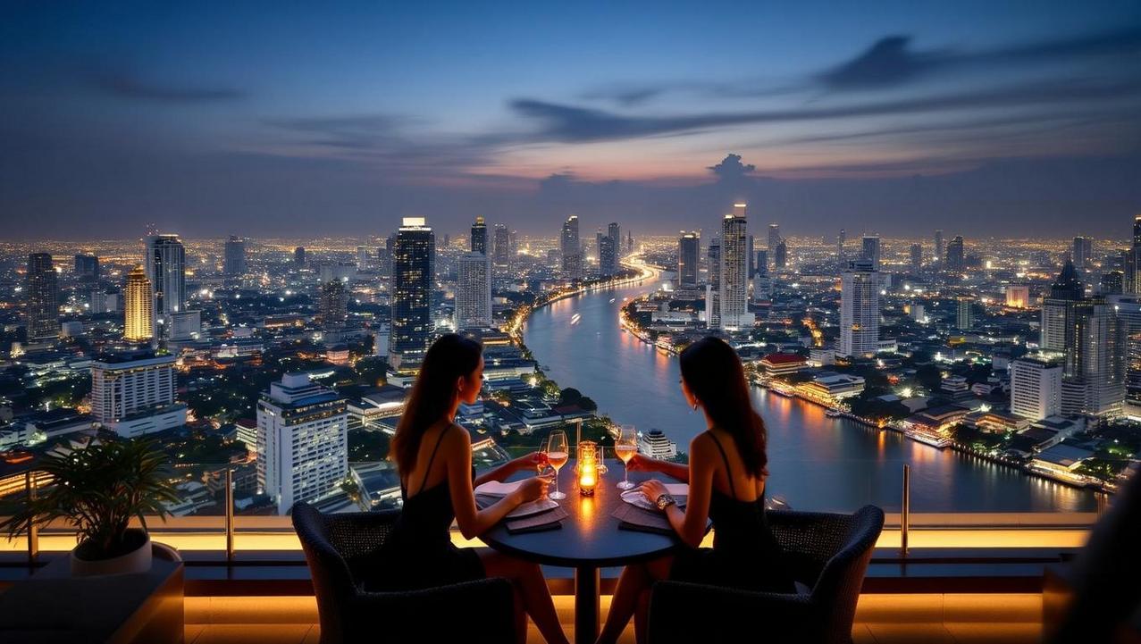 Bangkok's Vibrant Electric Cityscape from a Rooftop Bar A panoramic city view from a Bangkok bar showing the glittering urban landscape and skyscraper lights that define luxury traveler nightlife in Bangkok.