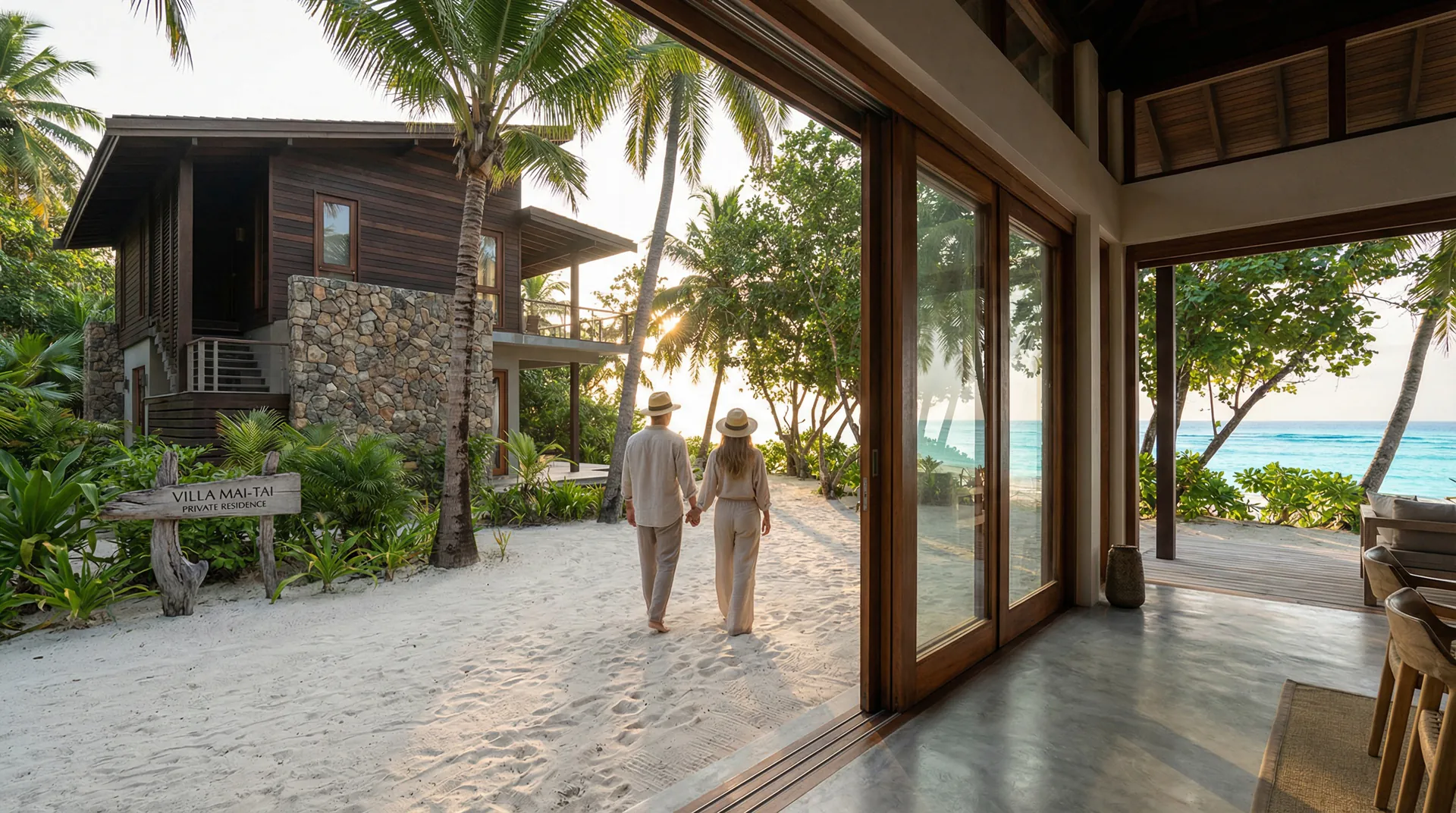 Barefoot Luxury on a Direct Beachfront in Thailand A couple enjoys direct access from their elegant beachfront villa to a secluded white-sand beach in Thailand, representing the lifestyle choice of barefoot luxury.