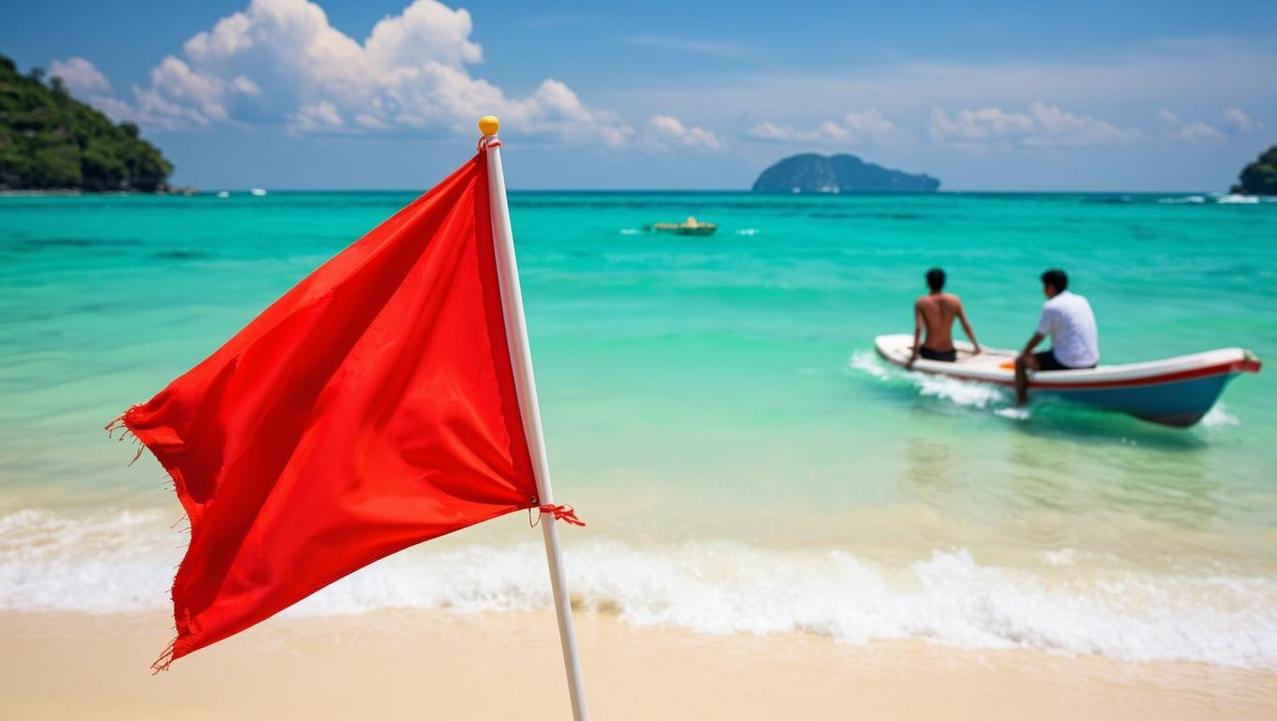 Beach Warning Flags for Water Safety A red warning flag signals beach-warning-flags-for-water-safety on a tropical shore with turquoise waters, as two men relax on a small boat near the coast.