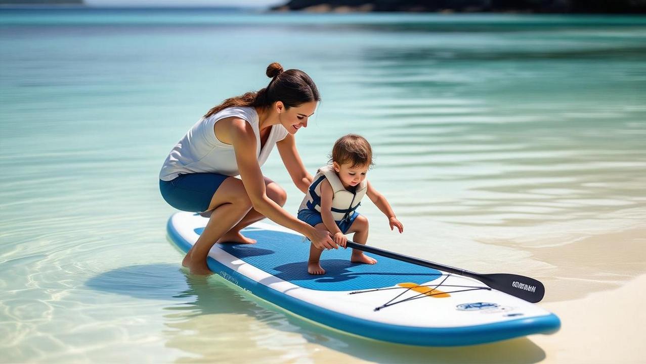 Beginner-Friendly Paddleboarding for Families A parent teaching their child how to stand-up paddleboard in the safe, calm, and shallow turquoise waters of Choeng Mon beach, Koh Samui.