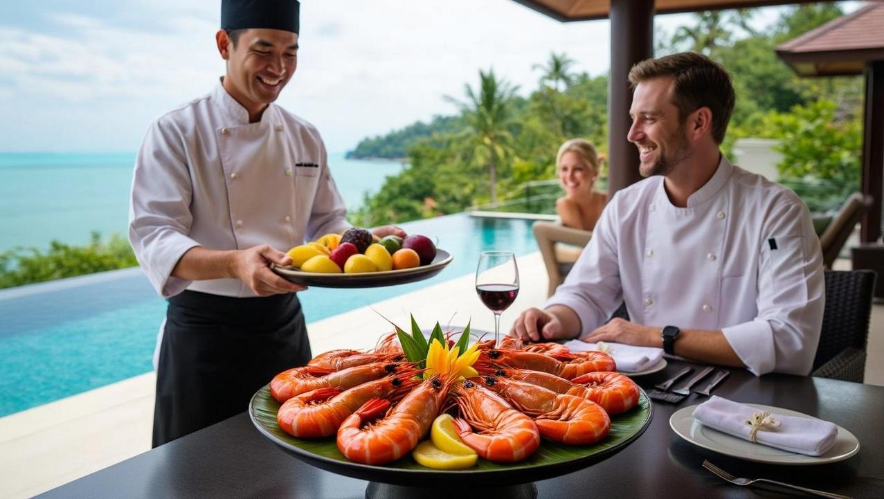 A private chef serves a custom meal to a couple on the terrace of a luxury villa in Koh Samui, showcasing the personalized culinary journey of a staffed villa.