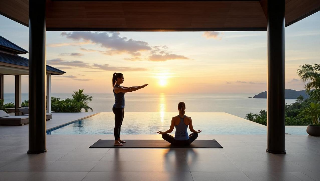 Bespoke Hybrid Fitness in a Private Thai Villa A personal trainer conducting a private yoga session with a client in a luxury Thai villa with an ocean view, showing a hybrid approach to fitness holidays.