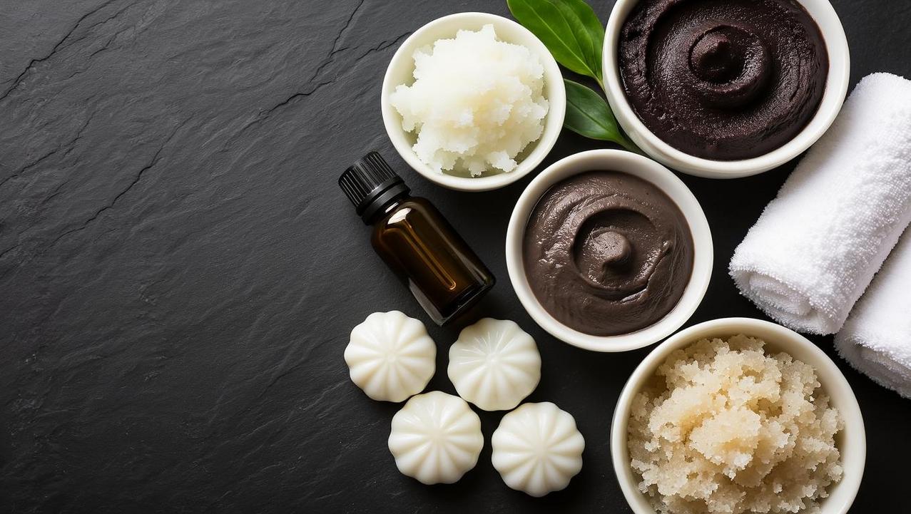 Beyond Massage: Full Body Renewal Treatments An artistic flat lay of different body treatments, including bowls of coconut scrub and detoxifying mud, on a dark slate background.