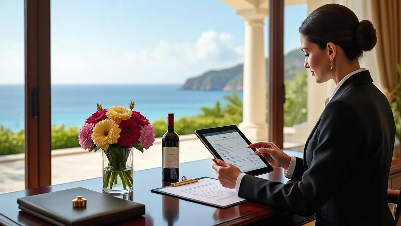 A sophisticated woman in a suit reviews a tablet for the blueprint-for-perfect-guest-experience in a luxurious coastal resort setting, with a stunning ocean view and a bottle of wine on a polished wooden desk.