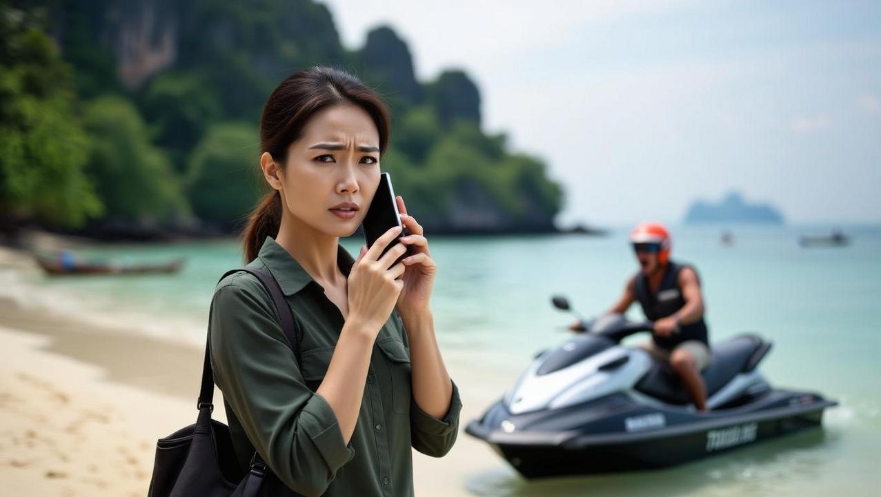Calling the Tourist Police During a Scam A woman on a tropical beach looks concerned while making a phone call, perhaps calling the tourist police during a scam related to a jet ski rental where an unidentifiable man is present.