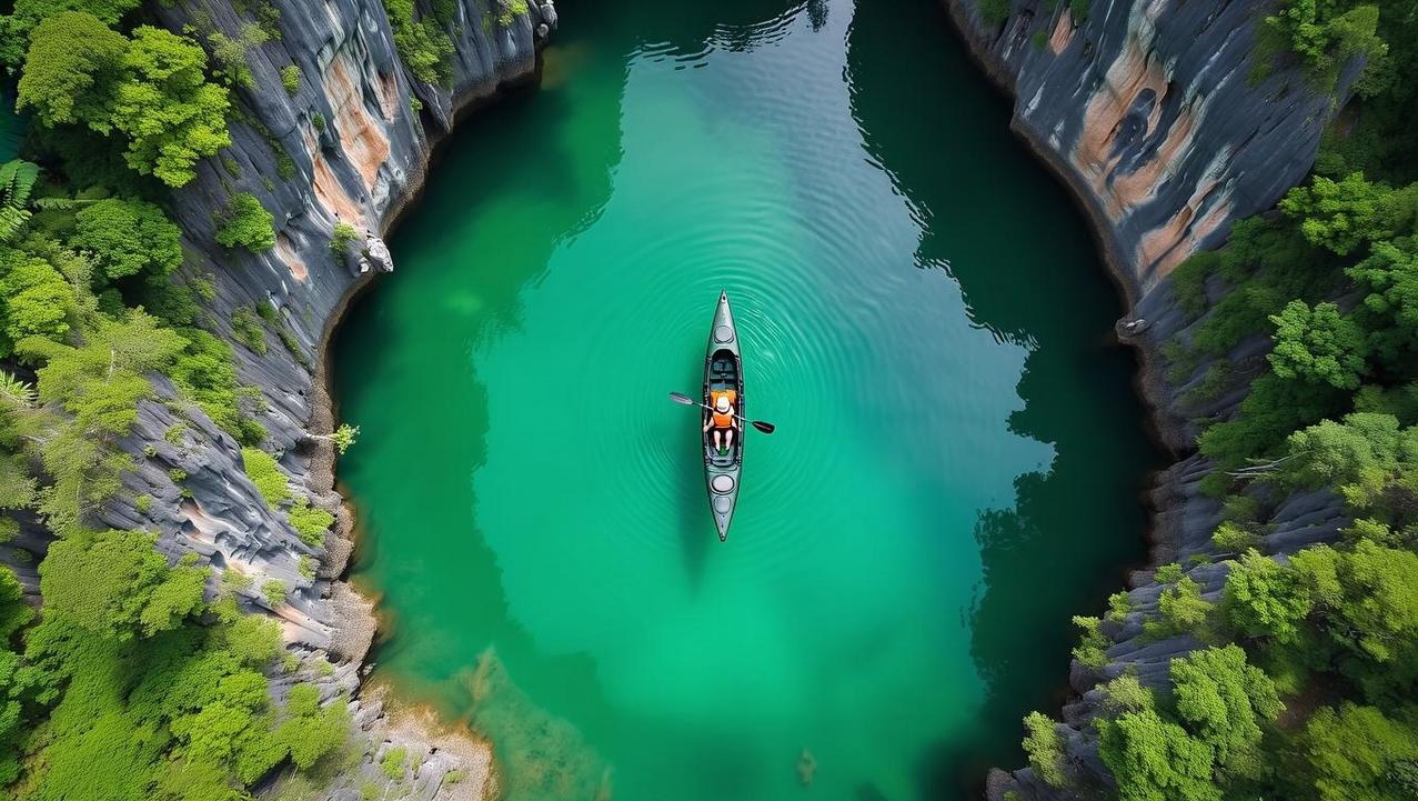 A Cathedral of Silence in Phang Nga Bay A person in a kayak paddles through the emerald waters of the Cathedral of Silence in Phang Nga Bay, surrounded by towering, lush cliffs.
