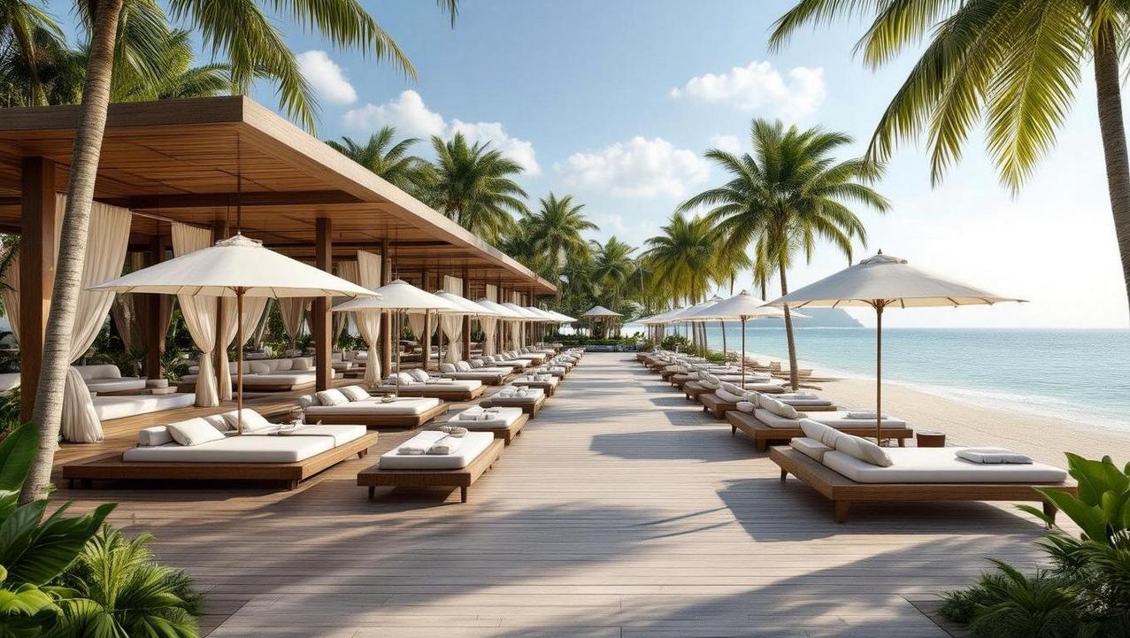 Chic Social Scene at a Luxury Koh Samui Resort Bar A luxurious Koh Samui resort bar area, featuring chic lounge beds under white umbrellas and cabanas, creating a sophisticated social scene along a pristine beach.