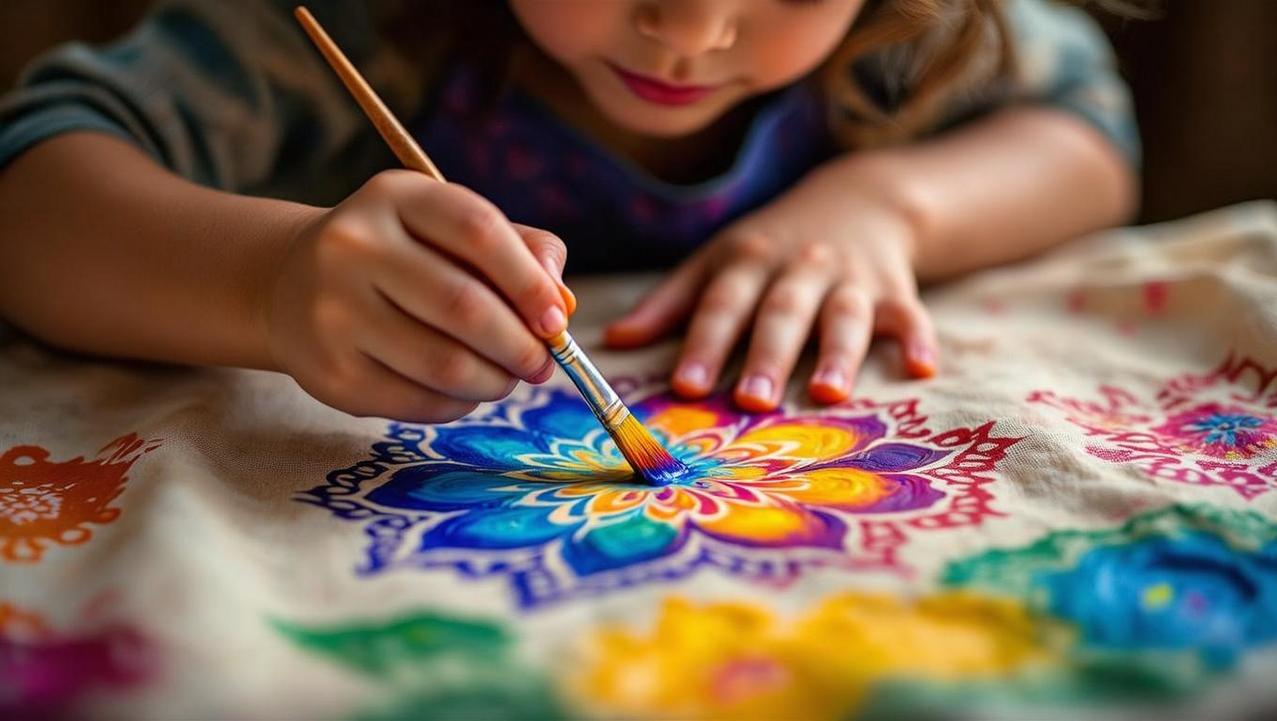 Child Creating a Unique Batik Art Souvenir A close-up of a child's hands meticulously painting vibrant colors onto fabric during a traditional Thai Batik painting workshop on a rainy day activity.