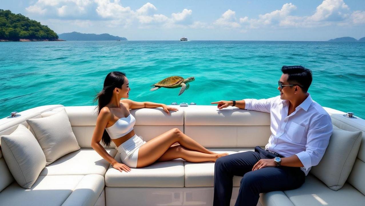The Comfort and Control of a Private Charter A couple relaxing on a spacious, private speedboat in the Similan Islands, illustrating the comfort and personalized control of a private charter.