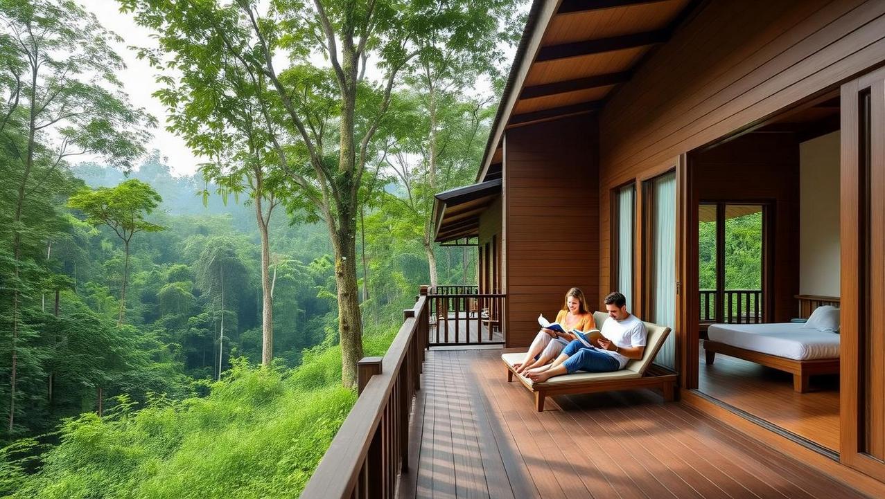 Comfortable Family ungle Lodge in Khao Sok A family relaxing on the veranda of a modern and clean jungle lodge in Khao Sok, representing a comfortable base for a family expedition.