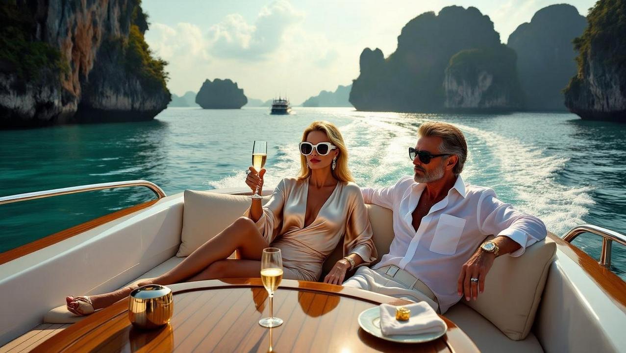 Comparing Phuket's Energy with Koh Samui's Serenity A sophisticated couple enjoys champagne on a luxury yacht, cruising through serene waters surrounded by limestone karsts, highlighting the peaceful allure often found when comparing Koh Samui serenity with Phuket energy.