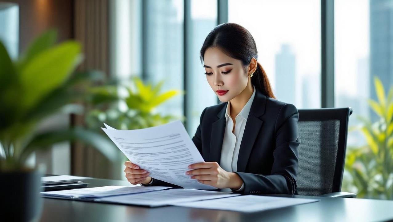 Comprehensive Due Diligence Checklist A professional woman in an office setting carefully reviews documents, possibly a comprehensive due diligence checklist, for real estate or business transactions.