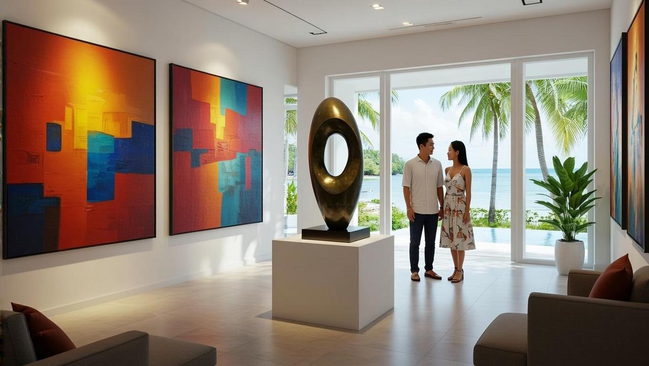 Contemporary Thai Art Gallery in Bophut A couple admiring vibrant abstract paintings and a modern sculpture in a contemporary Thai art gallery in Bophut, with palm trees and the ocean visible through large windows.