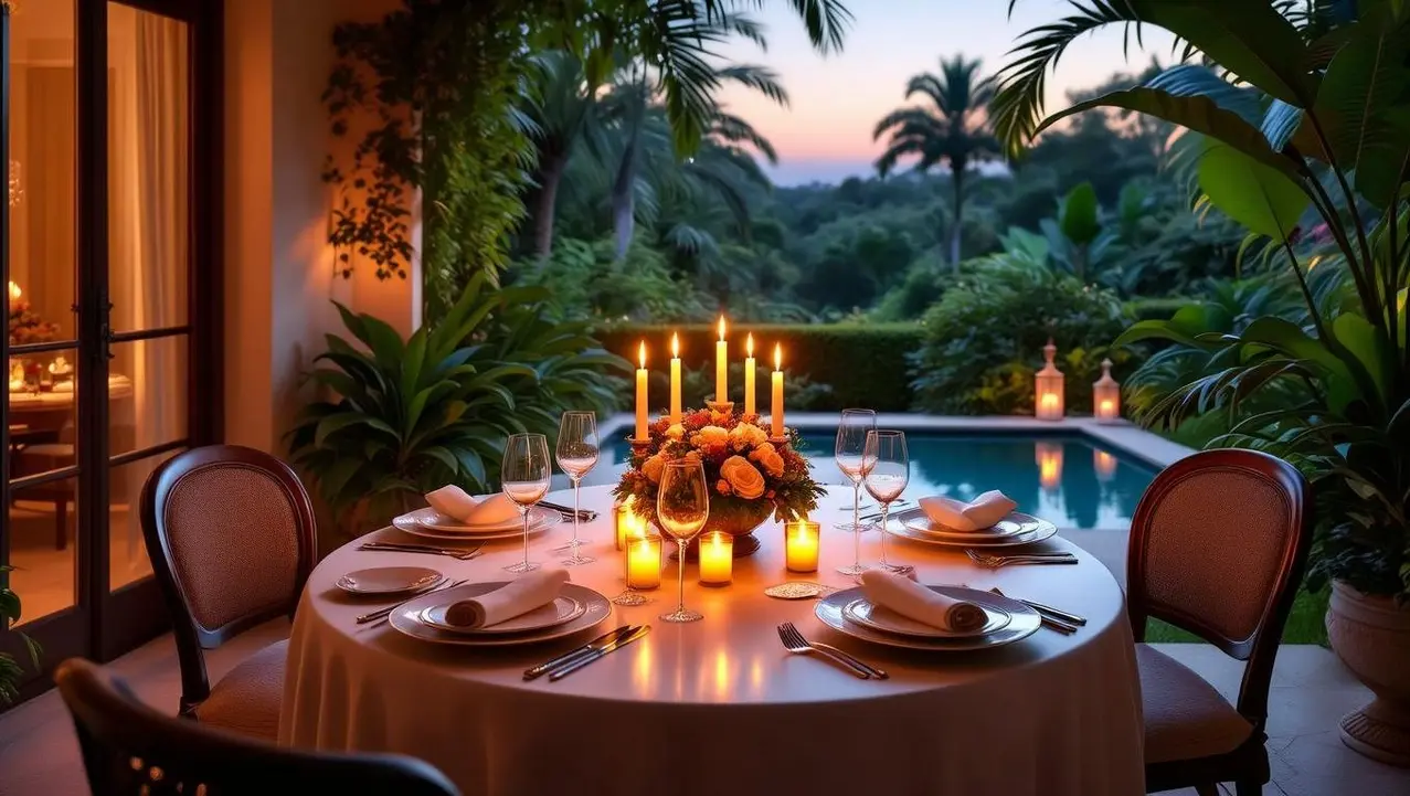 A beautifully set outdoor dining table illuminated by candles and a floral centerpiece, overlooking a pool and lush tropical greenery at dusk, creating a crafted moment to remember.