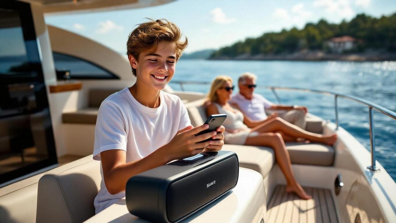 A smiling young man on a beautiful private boat charter, enjoying the perfect vibe while using his phone next to a portable speaker, with two adults relaxing in the background.