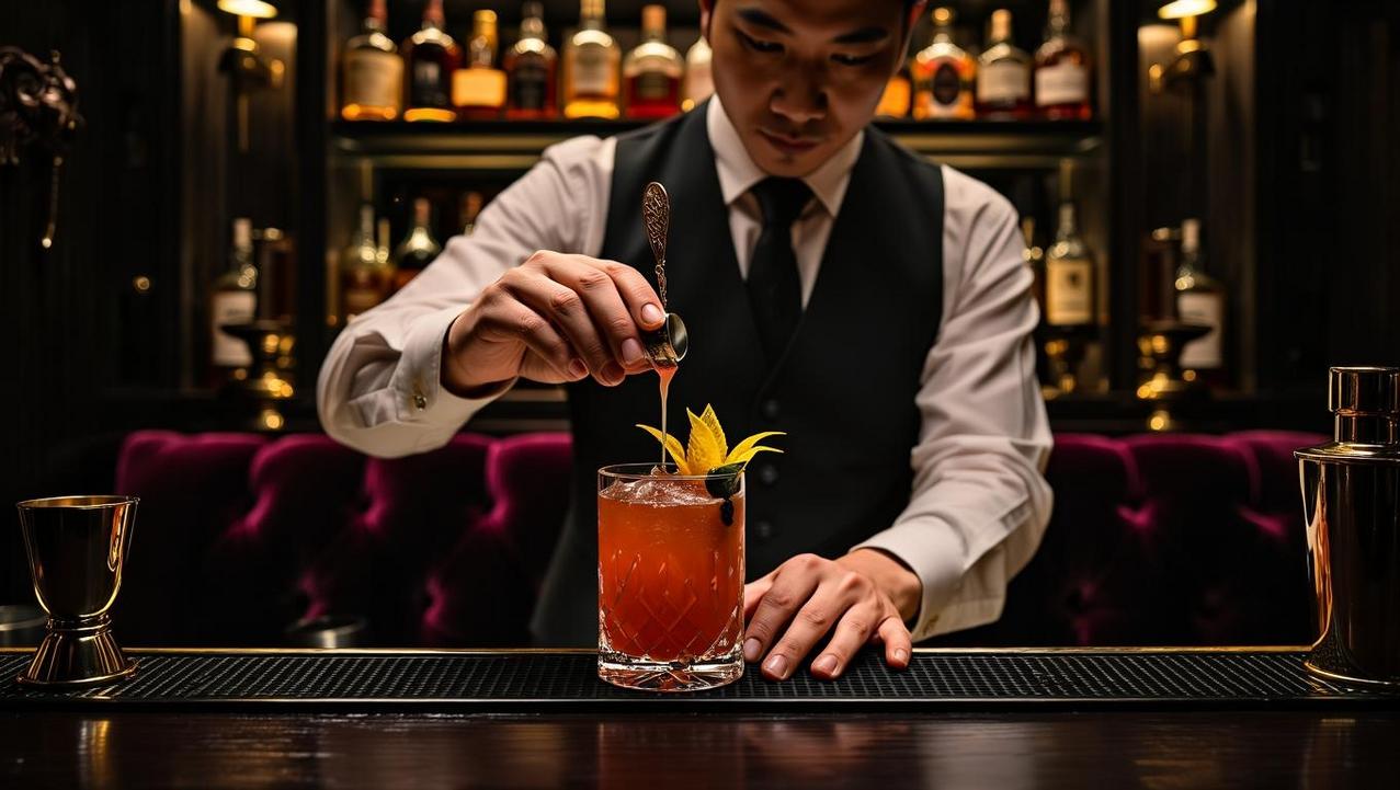 Craftsmanship in a Hidden Thai Speakeasy An intimate, moody shot inside a hidden speakeasy, focusing on a craft cocktail being prepared on a dark bar with luxurious decor in the background.