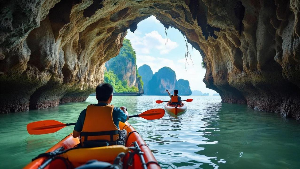 The Critical Timing of the Tides An expert Thai guide in a kayak showing a tourist the entrance to a sea cave, emphasizing the importance of low tide for access.