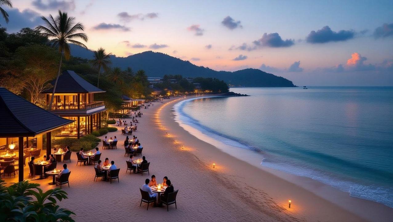 The Cultivated Vibrancy of Kamala's Shoreline A dusk view of Kamala Beach's vibrant crescent shoreline, with sophisticated beachfront restaurants creating a welcoming and elegant atmosphere.