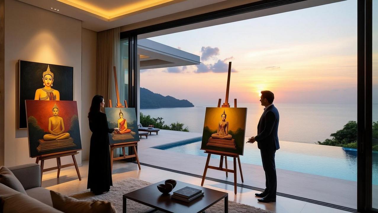 Curated Art Viewing in a Private Luxury Villa A gallerist presenting contemporary Thai art to a couple in their private luxury villa, an example of curated access to the art scene.
