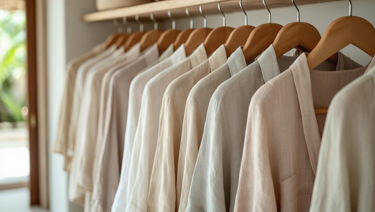 Curated Chic Resort Wear Collection A close-up view of a curated chic resort wear collection, featuring lightweight linen garments in various neutral tones, neatly hanging on wooden hangers.