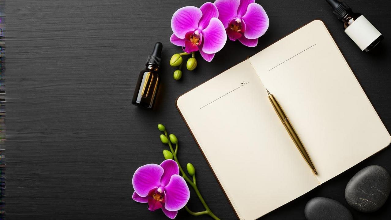 Designing Your Personal Spa Journey A flat lay representing a spa consultation, with a notebook and pen alongside essential oils and massage stones on a dark slate background.
