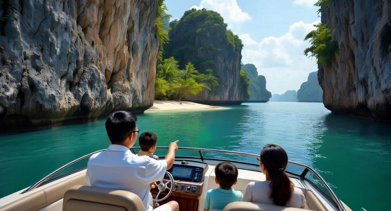A family aboard a boat exploring a narrow, secluded bay with towering limestone cliffs and a small sandy beach, discovering Phuket's secrets with an expert guide.