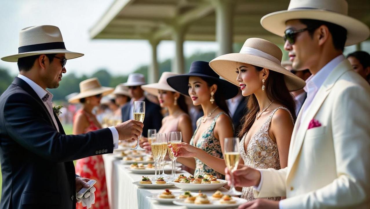 The Divot Stomp: A Cherished Polo Tradition Elegantly dressed guests, many wearing stylish hats, enjoy champagne and canapés during a sophisticated polo match, embodying the cherished polo tradition often highlighted during the divot stomp.