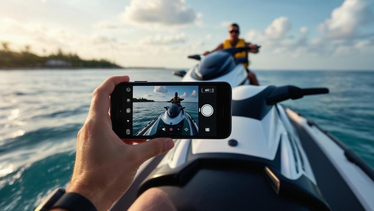 Documenting Jet Ski Condition with a Smartphone A close-up of a smartphone recording a video of a jet ski's hull, a key step in documenting its condition to prevent rental scams.