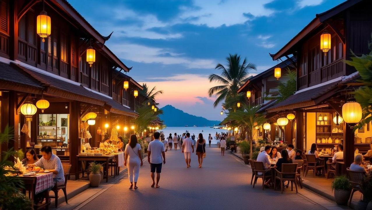 Dusk at Bophut's Fisherman's Village The charming and romantic atmosphere of Bophut's Fisherman's Village at dusk, with glowing lanterns, wooden shophouses, and beachfront dining.
