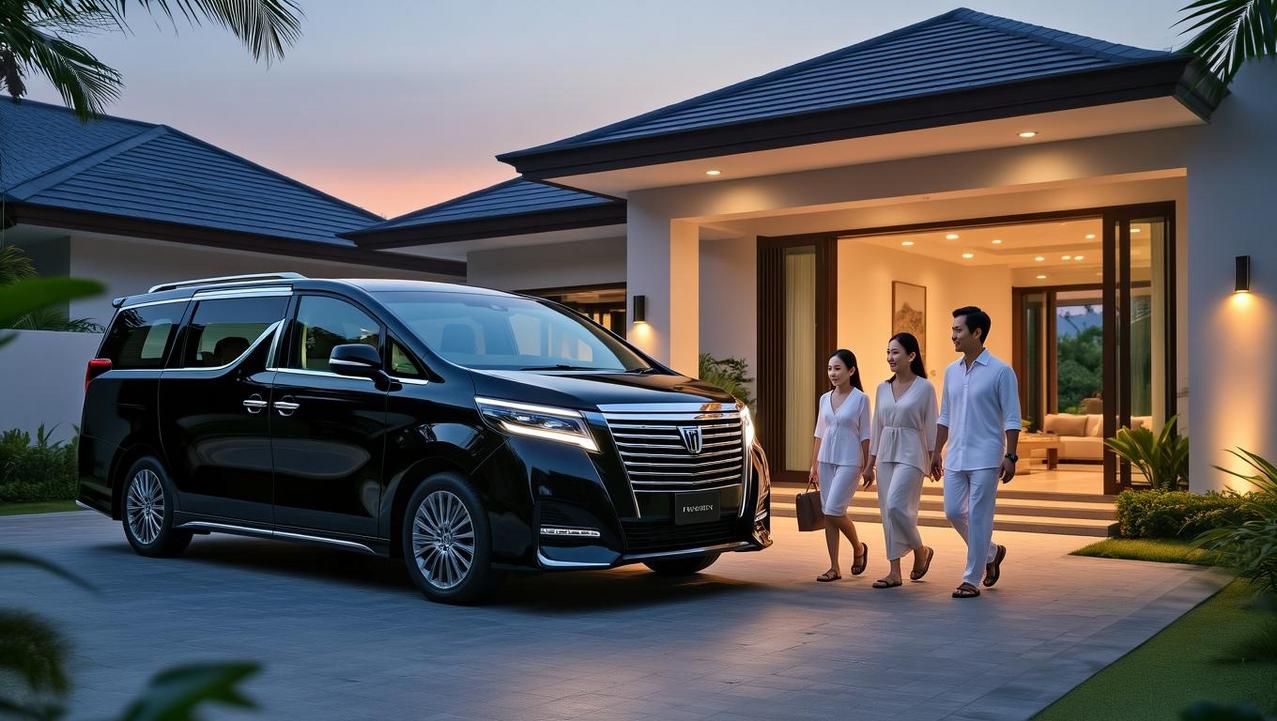 Early Morning Land Transfer from a Phuket Villa A family boarding a luxury minivan outside their Phuket villa in the early morning for the land transfer to the pier for their Similan Islands tour.