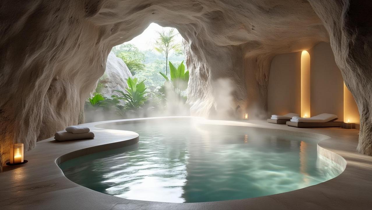 Elevated Family Fun at a Luxury Samui Resort A serene grotto featuring a steaming, naturally shaped pool, part of a luxury Samui resort offering elevated family fun and relaxation.