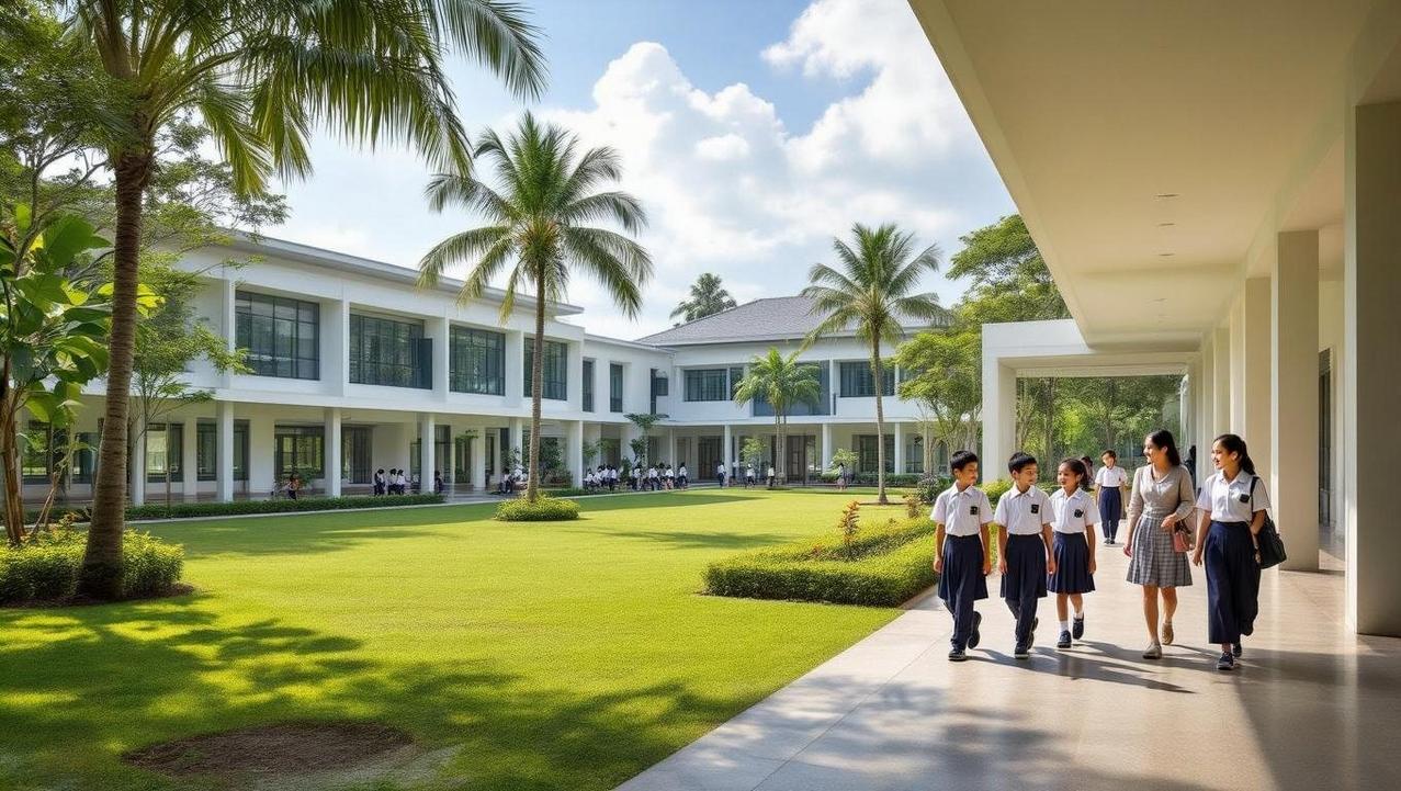 A modern international school campus in a lush tropical setting with a diverse group of students, highlighting elite education for expat families.