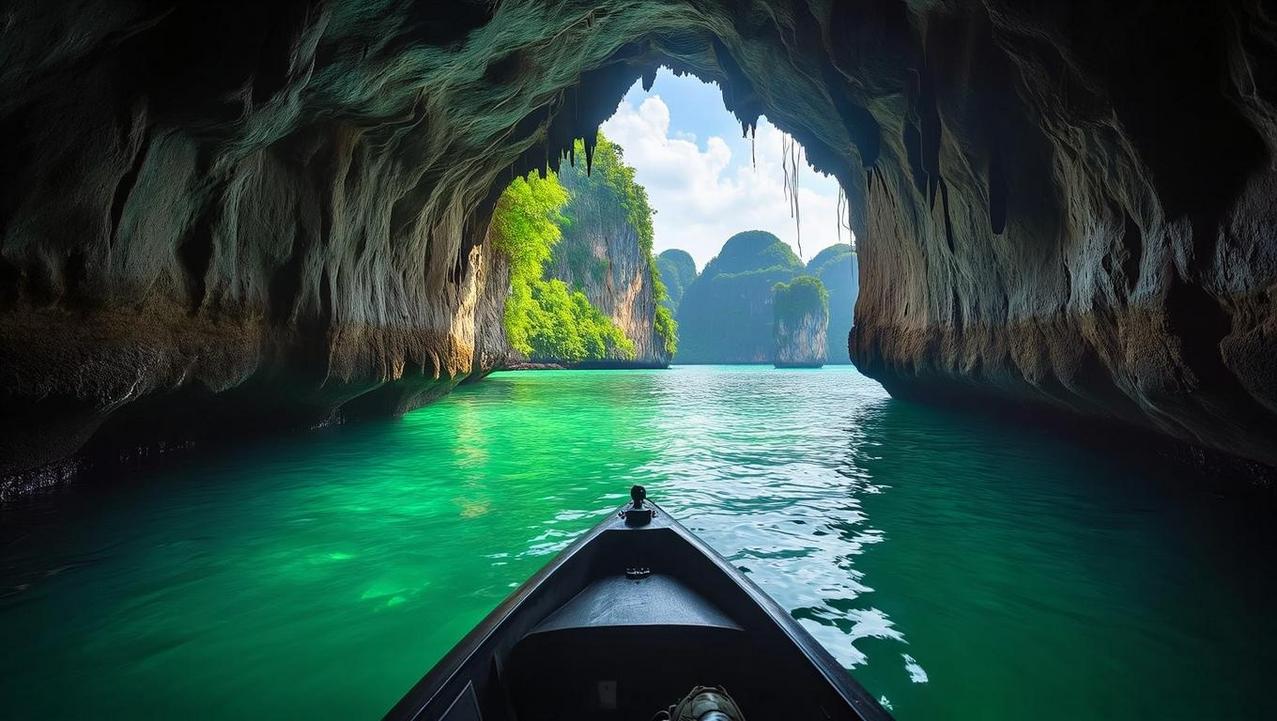 View from inside a dark sea cave looking out into a bright, hidden emerald lagoon, capturing the mystical experience of discovering Koh Panak or Koh Hong.